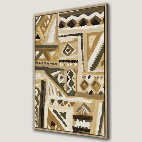 Framed Wall Art featuring an abstract tribal design in earthy tones. Perfect for adding a touch of bohemian style to your home decor.