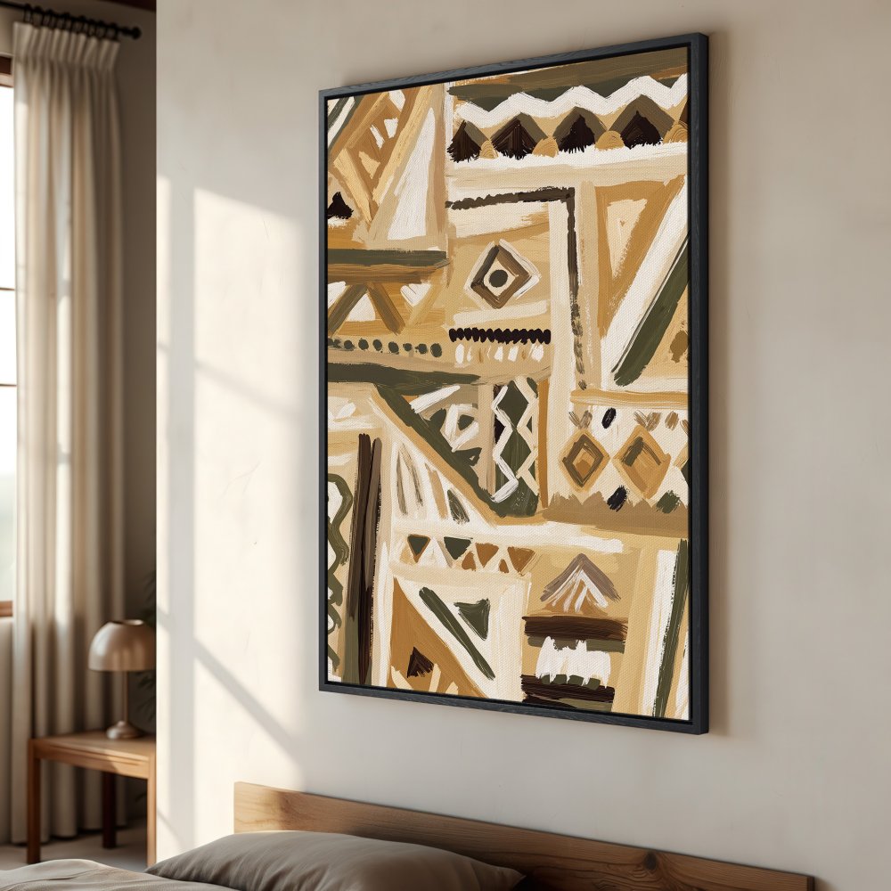 Framed Wall Art: Abstract geometric design in earthy tones. Add a touch of modern art to your space with this stylish canvas print.