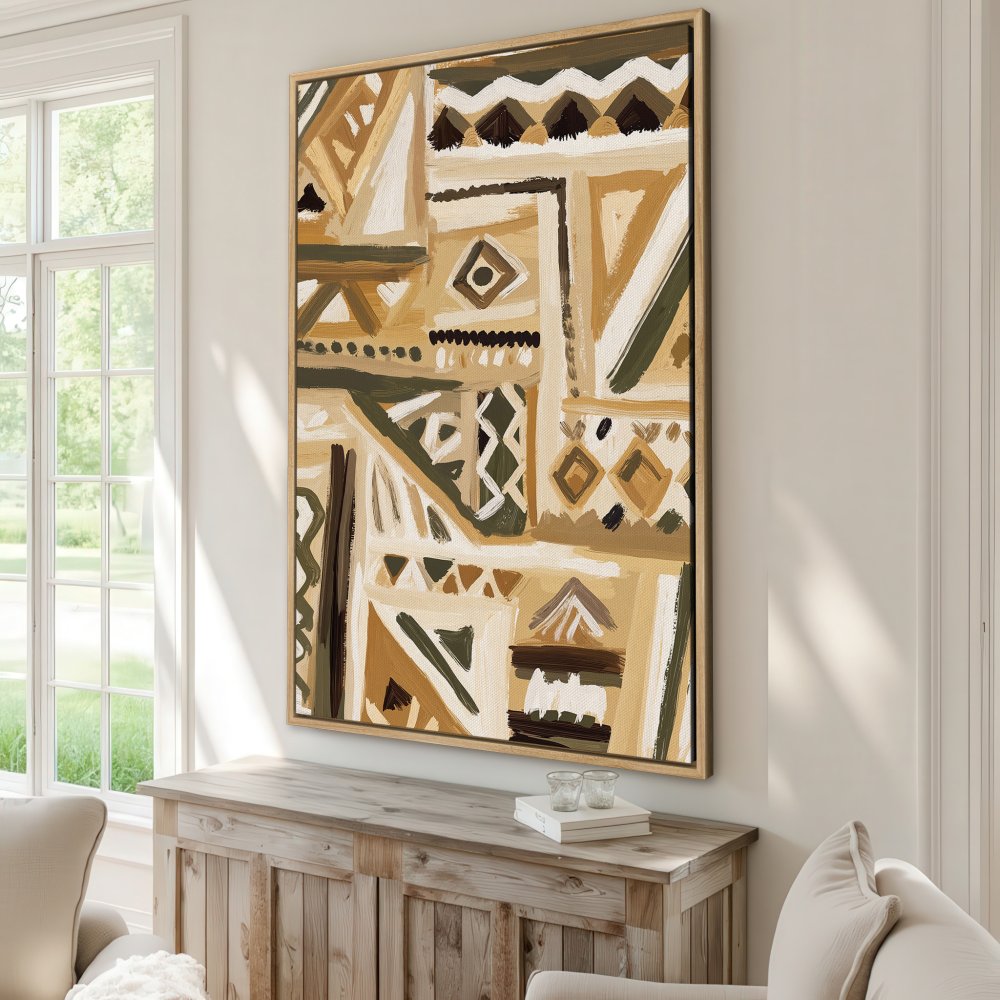 Abstract Canvas Print with geometric design in earthy tones, perfect for adding a touch of bohemian style to your home decor.