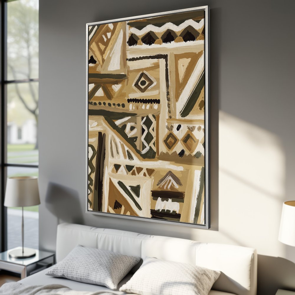 Framed Wall Art: Abstract geometric canvas print in neutral earth tones. Modern art for your bedroom decor. Shop now!