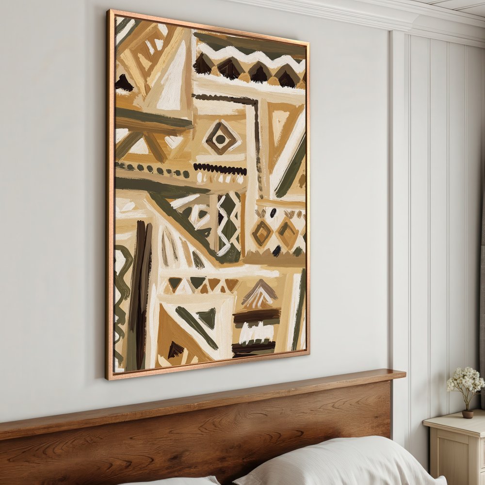 Framed Wall Art: Abstract geometric painting in earthy tones. Modern canvas print with beige, brown, and olive green palette. Perfect for any interior.