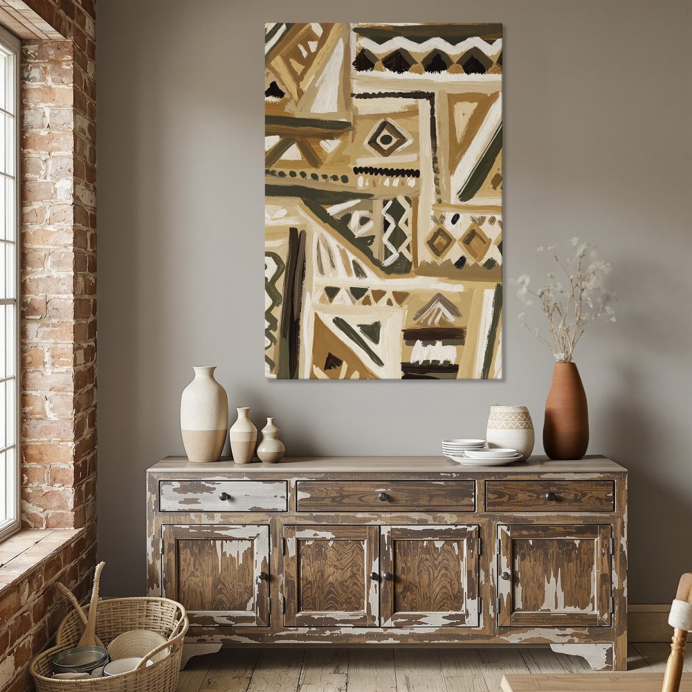 Framed Wall Art: Abstract tribal design in warm earth tones. Elevate your dining room with this stylish canvas print.