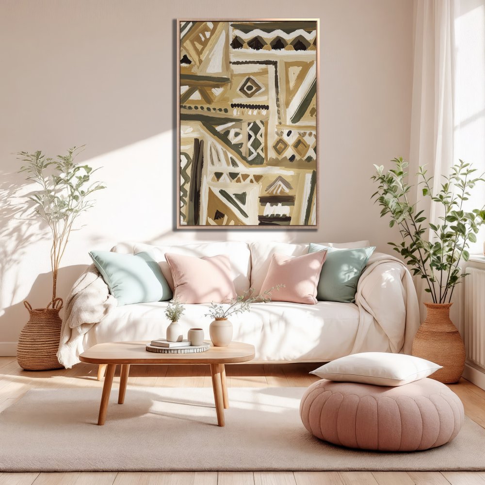 Framed Wall Art: Abstract geometric design in earthy tones. Modern canvas print for living room decor. Neutral color palette.