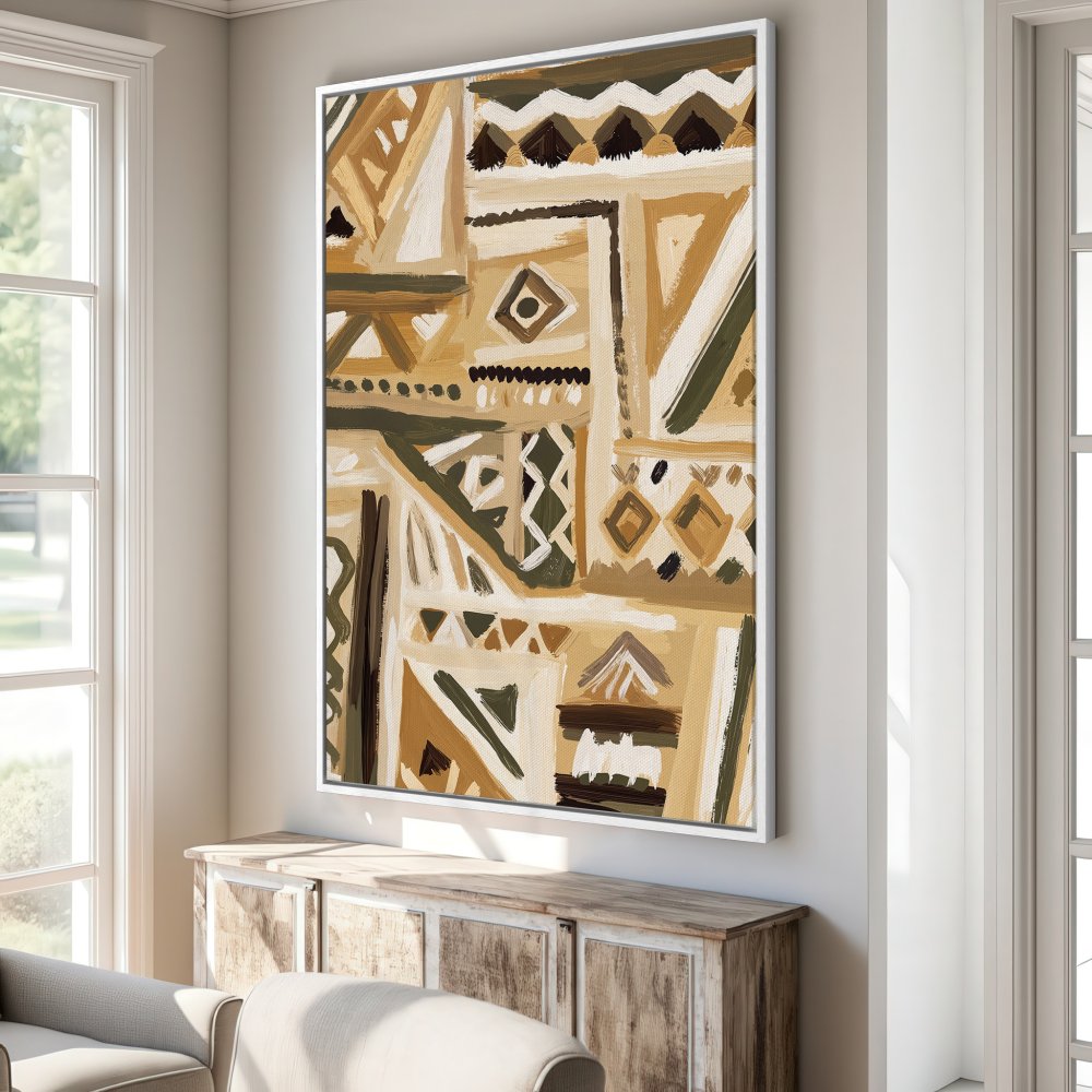 Framed Wall Art Canvas Print, abstract geometric design in earthy tones. Modern art for living room, bedroom decor.