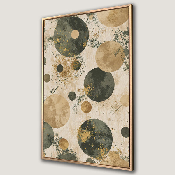 Framed Wall Art featuring an abstract design of overlapping circles in earthy tones of green, beige, and gold. Modern canvas art for your home decor.