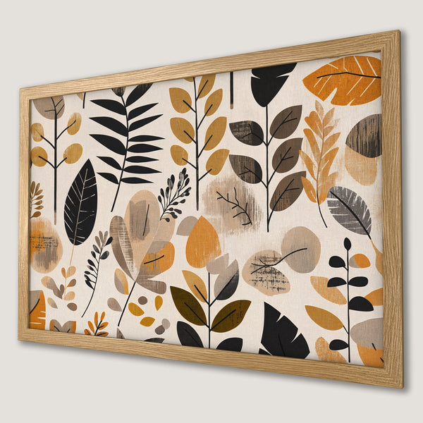 Framed Poster featuring abstract botanical art in neutral tones with pops of orange and black, perfect for modern decor.