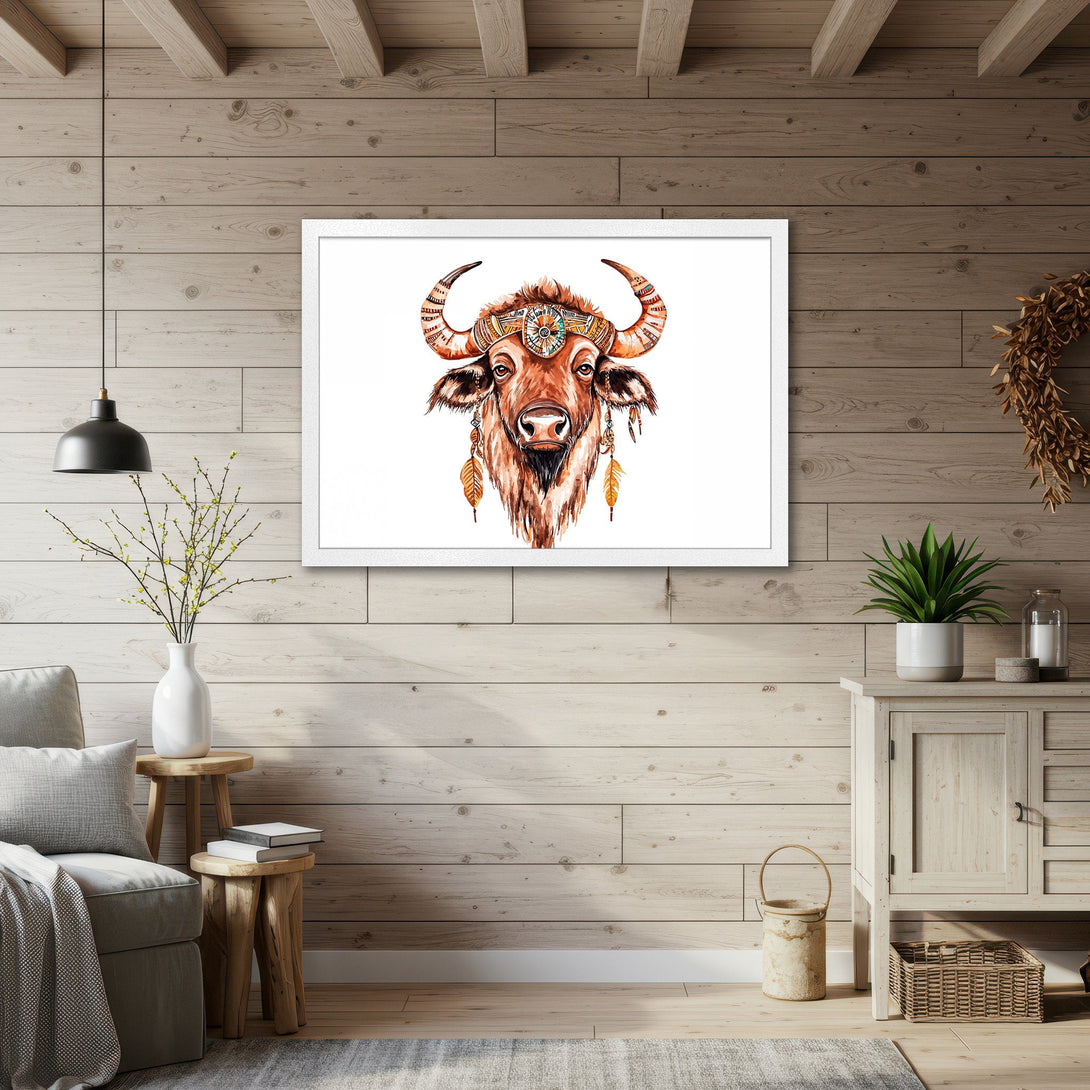 Framed Poster featuring a watercolor bison in a rustic, boho style with warm earth tones. Perfect wall art.