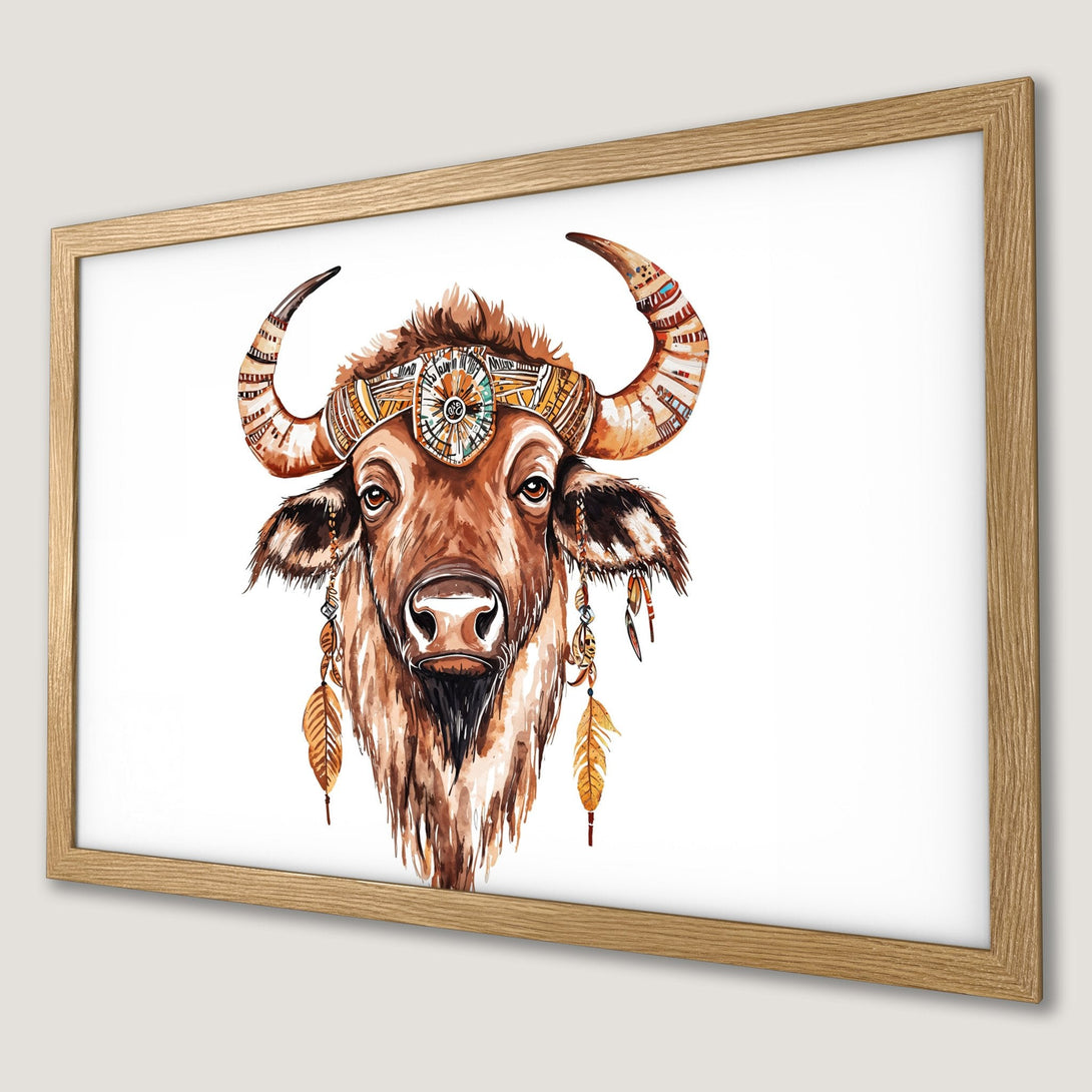 Framed Poster featuring a watercolor bison with tribal headdress, warm brown and earthy tones, perfect for boho decor.