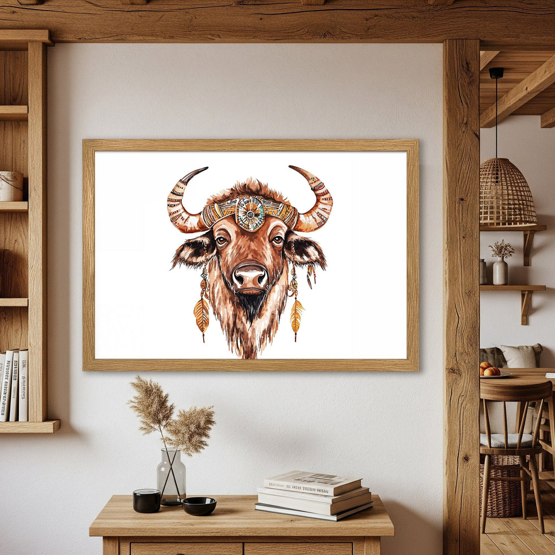 Framed Poster featuring a watercolor bison with tribal details. Earthy tones and bohemian style perfect for home decor. Shop now!