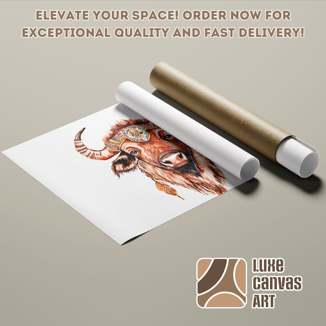 Poster Roll featuring a watercolor bison illustration in warm earth tones.