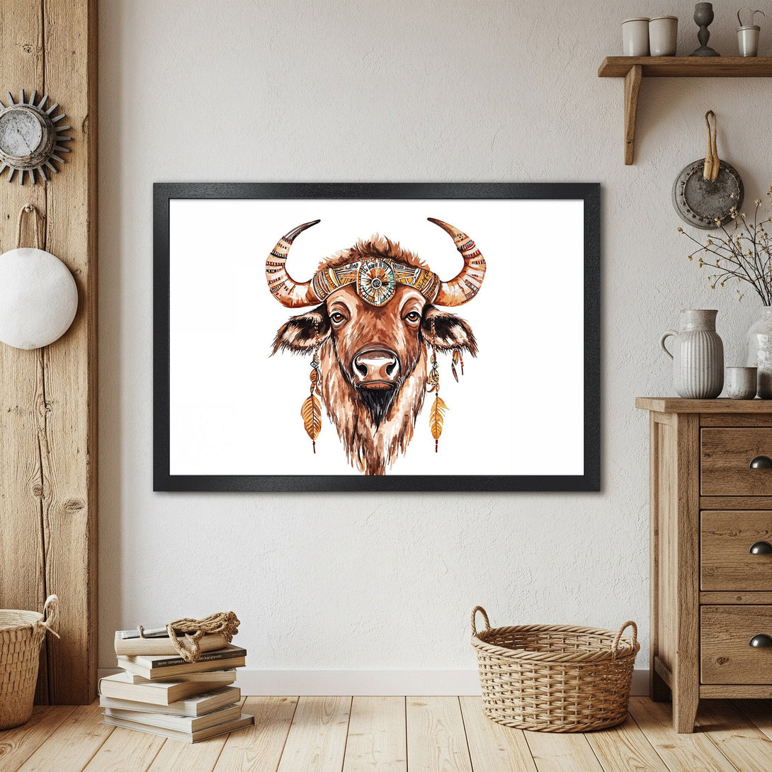 Framed Poster featuring a watercolor bison with boho style, warm brown and neutral tones. Perfect wall art!