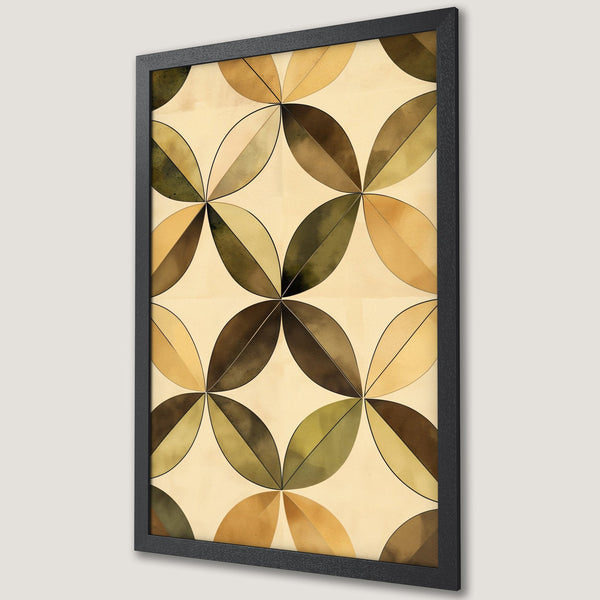 Framed Poster featuring an abstract geometric design in earthy tones of brown, green, and beige. Perfect wall art for modern decor.