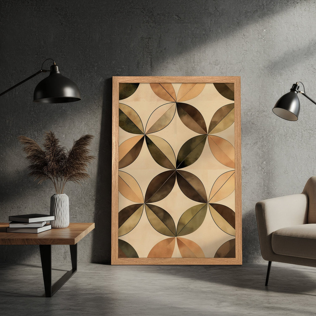 Framed Poster featuring a geometric leaf design in warm earth tones. Adds a touch of modern art to any space!