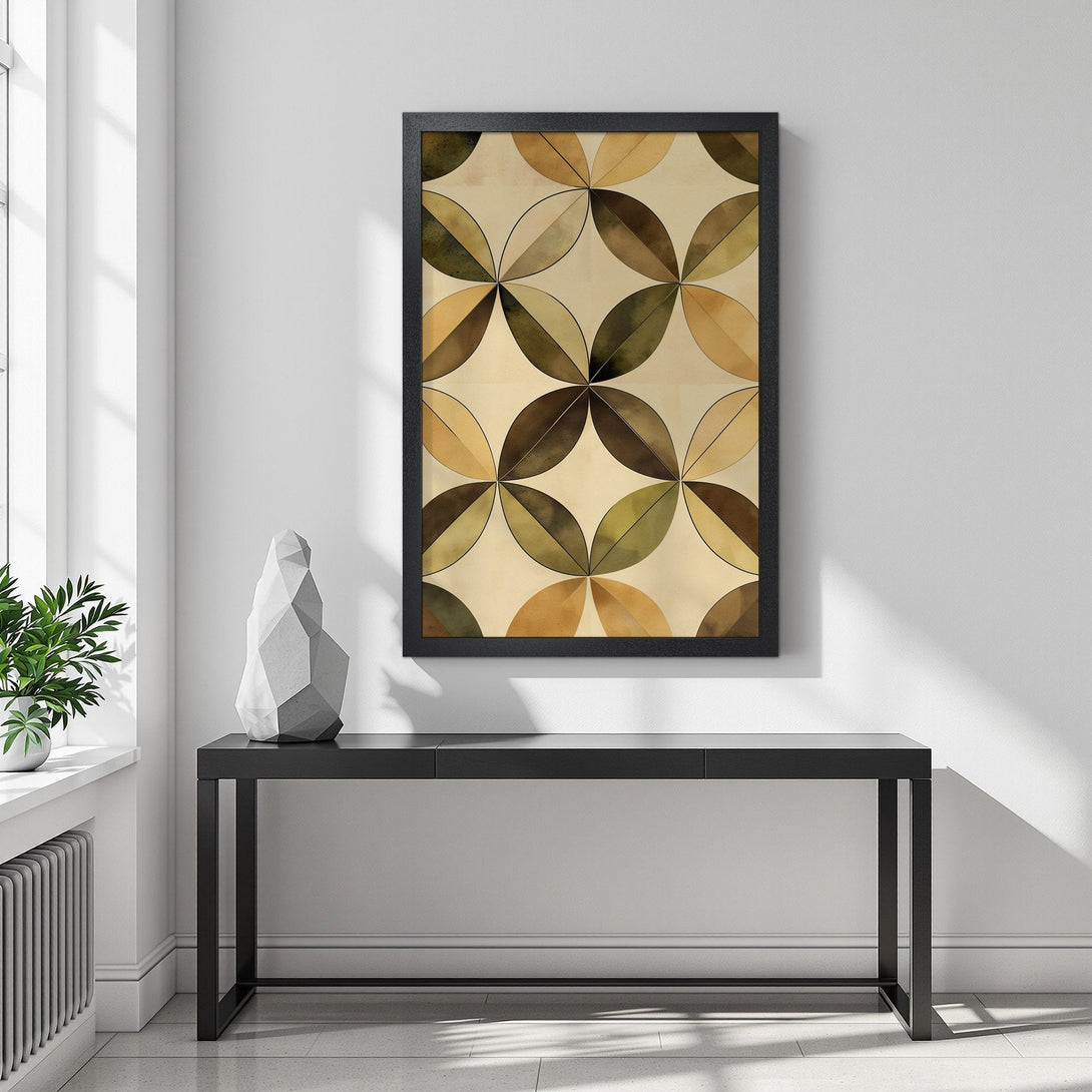 Framed Poster featuring a geometric leaf design in warm earth tones. Perfect art for modern home decor.