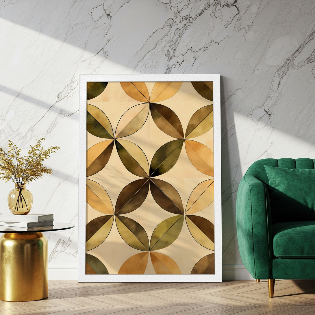 Framed Poster with geometric leaf design in warm earth tones. Modern art for home decor.