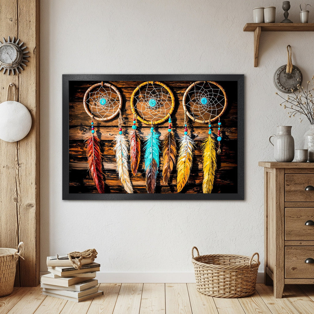 Framed Poster featuring dreamcatchers and feathers, rustic style, with warm earth tones and pops of turquoise. Add boho vibes to your space!