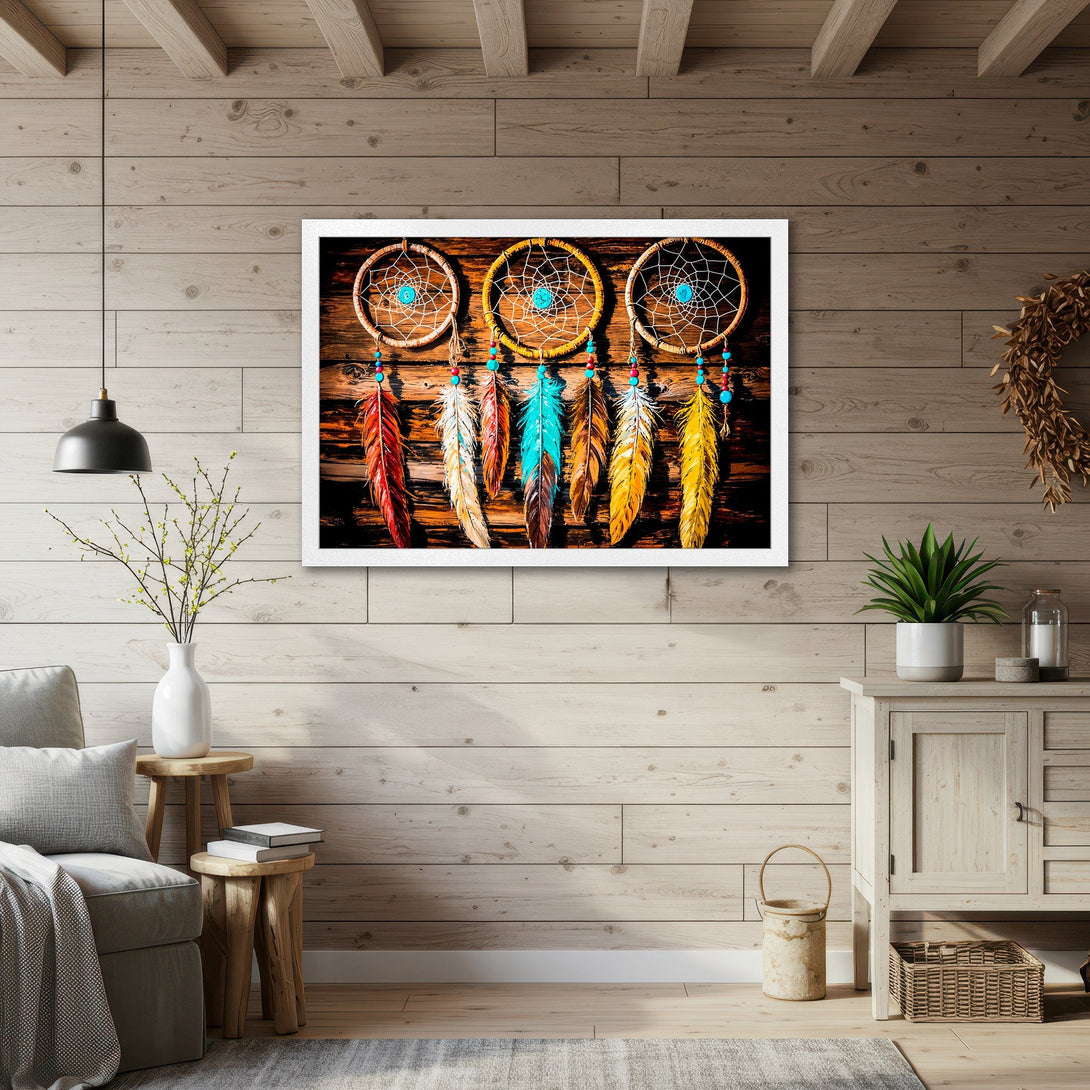 Framed Poster featuring dreamcatchers with colorful feathers, rustic style, and warm earth tones. Perfect wall art!