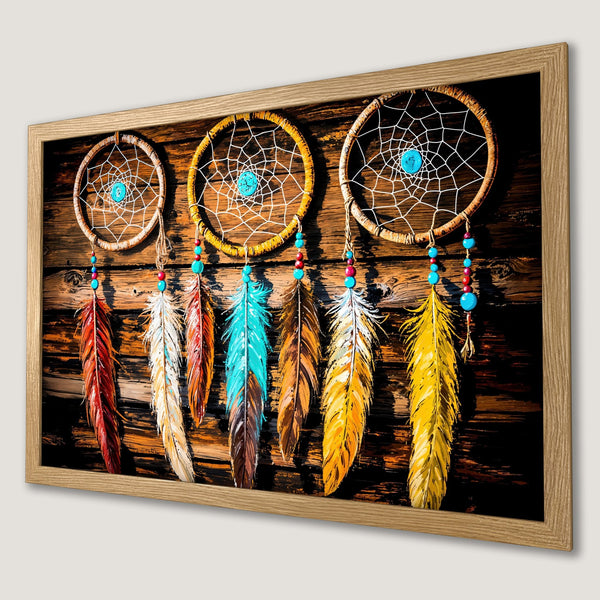 Framed Poster of dreamcatchers with feathers, rustic style, warm color palette of browns, yellows, and turquoise.