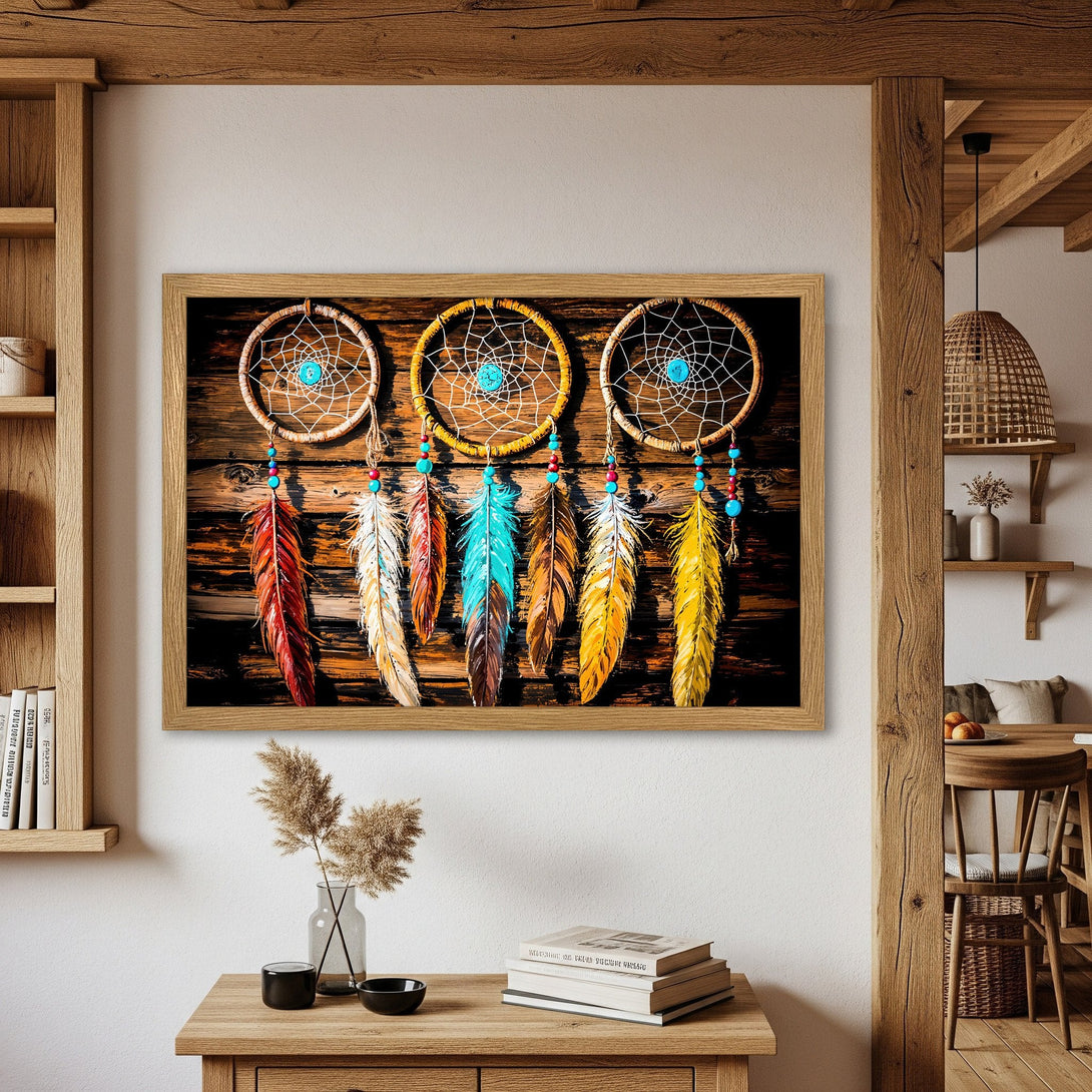 Framed Poster featuring dreamcatchers with a rustic, bohemian style. Warm, earthy color palette perfect for home decor.