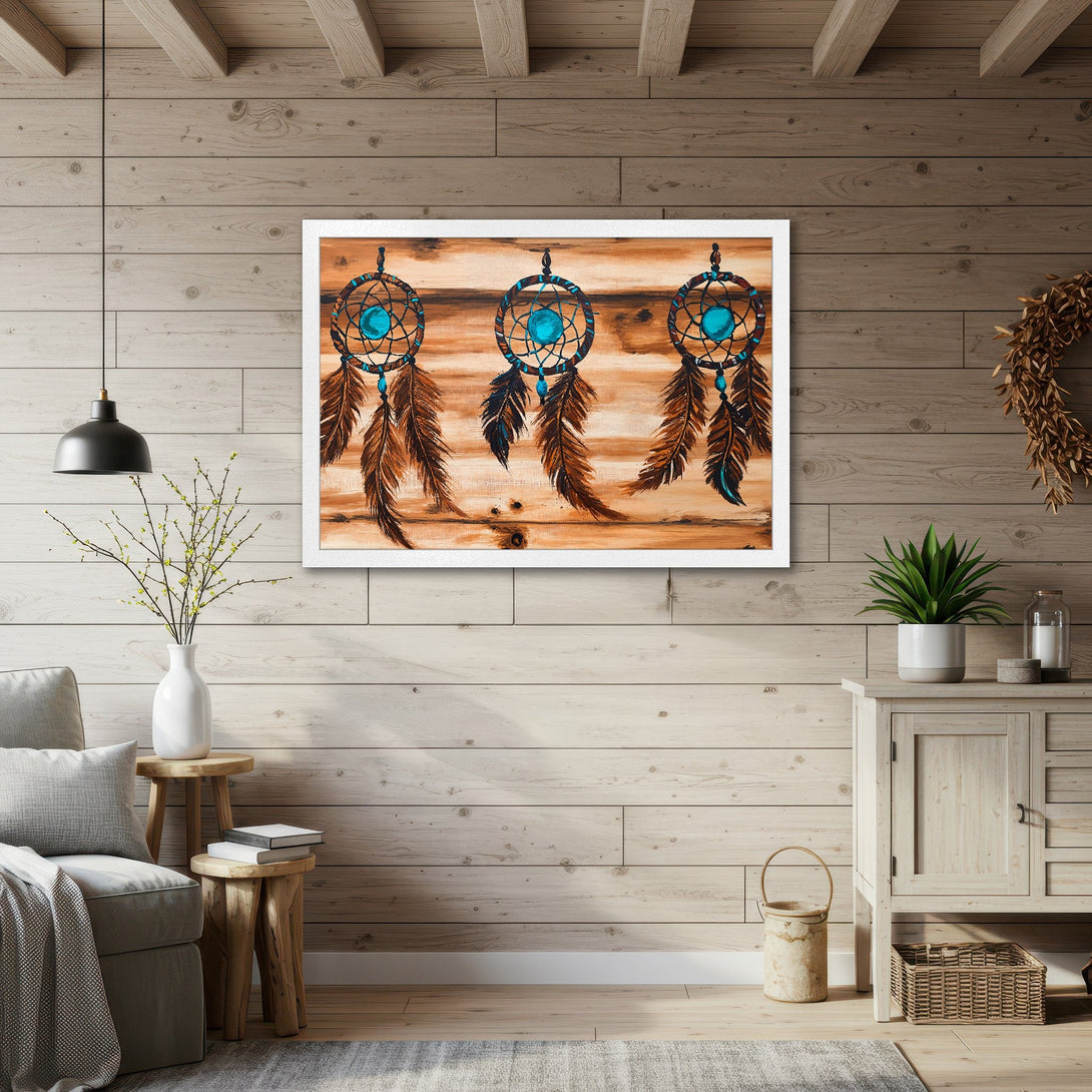 Framed Poster featuring dreamcatchers in watercolor style, warm brown and turquoise color palette, perfect for boho decor.