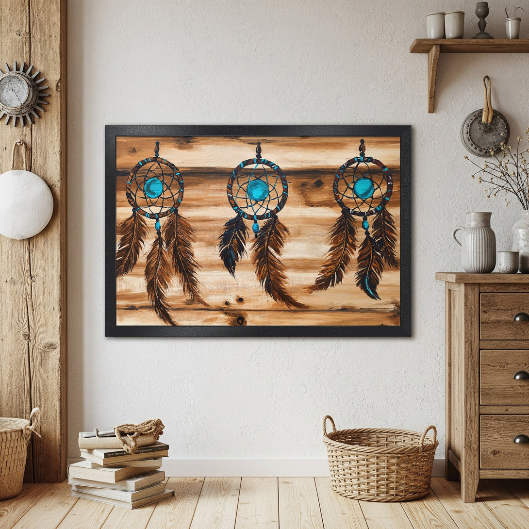Framed Poster featuring dream catchers, rustic style, with brown, turquoise, and wood tones. Perfect wall art!