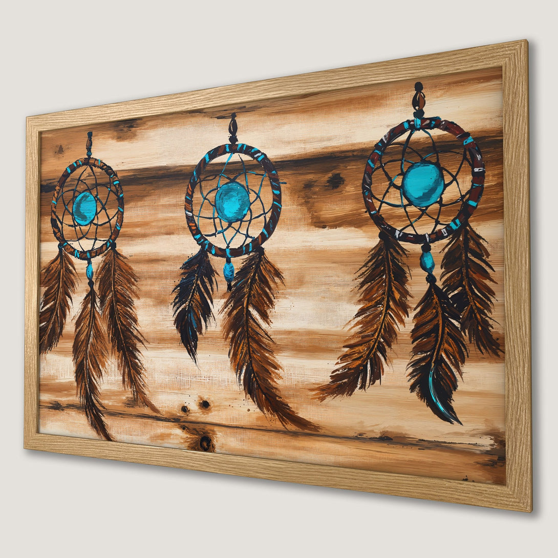 Framed Poster featuring dreamcatchers in a rustic style with a brown, teal, and wood color palette. Add bohemian charm to your space!