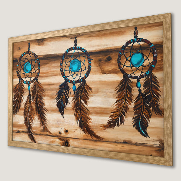 Framed Poster featuring dreamcatchers in a rustic style with a brown, teal, and wood color palette. Add bohemian charm to your space!
