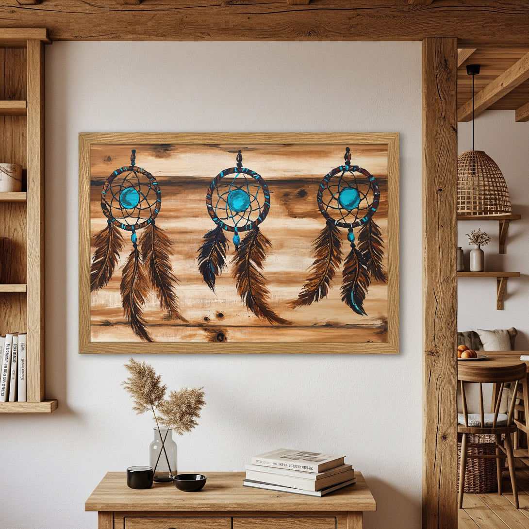 Framed Poster featuring dreamcatchers. Rustic style with a warm brown and turquoise color palette, perfect for home decor.