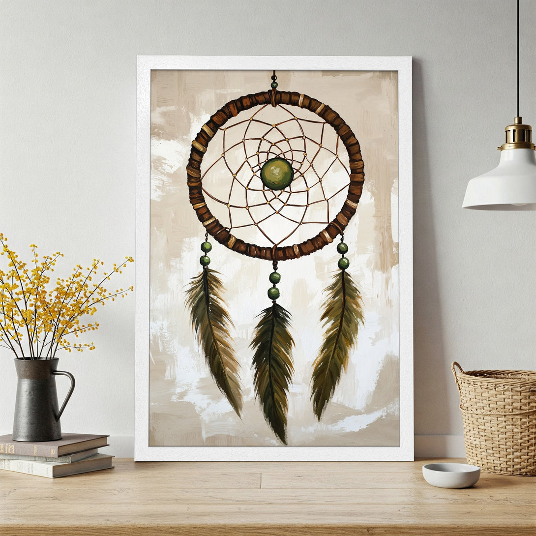 Framed Poster featuring a dreamcatcher artwork. Boho style in neutral tones, perfect for adding a touch of serenity to any space.