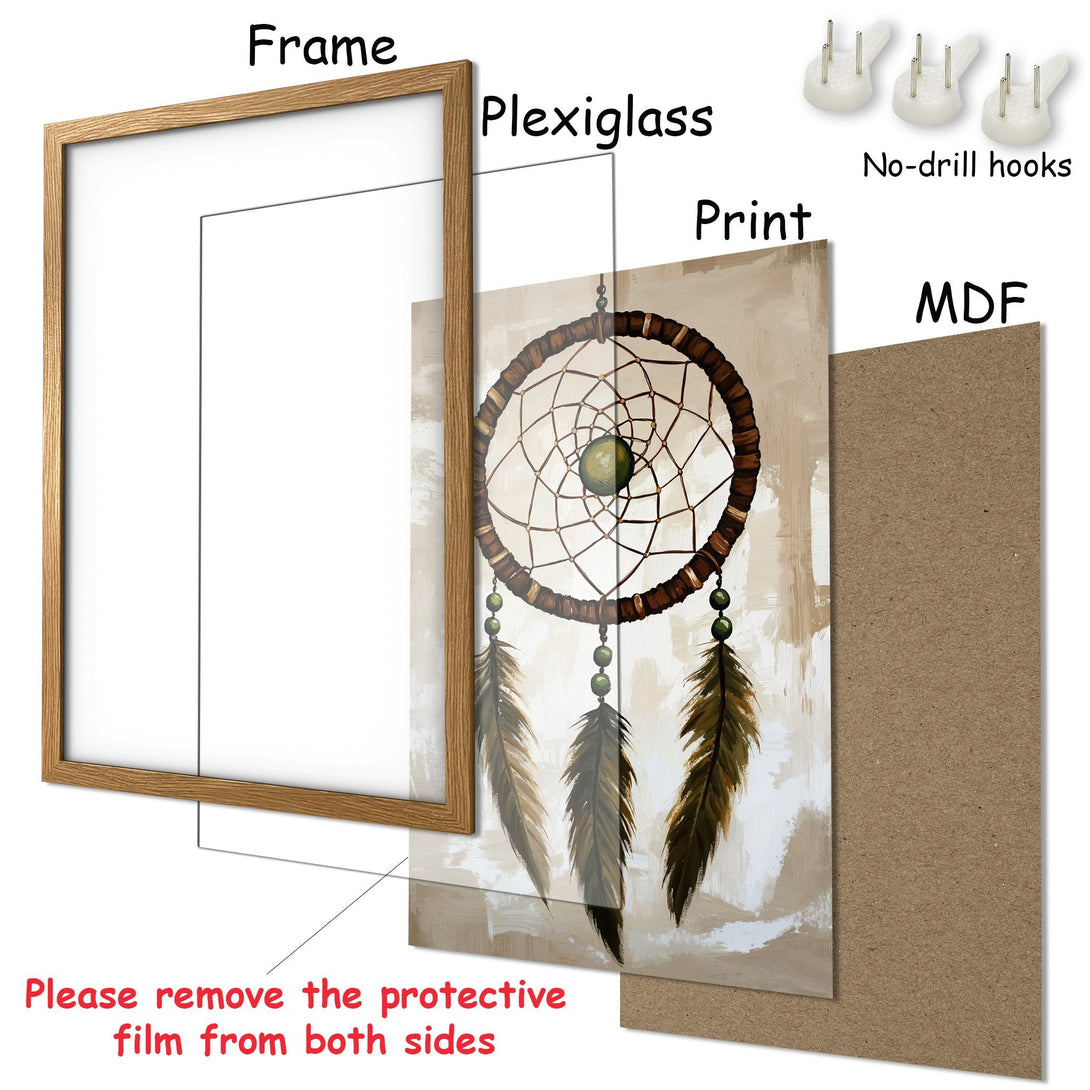 Framed Poster featuring a dreamcatcher in earthy tones. Bohemian art style with a neutral color palette for a calming aesthetic.