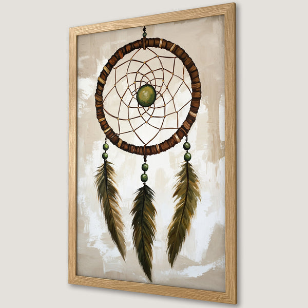 Framed Poster featuring a dreamcatcher. Bohemian style art with earthy tones of brown, green, and beige. Perfect wall decor.