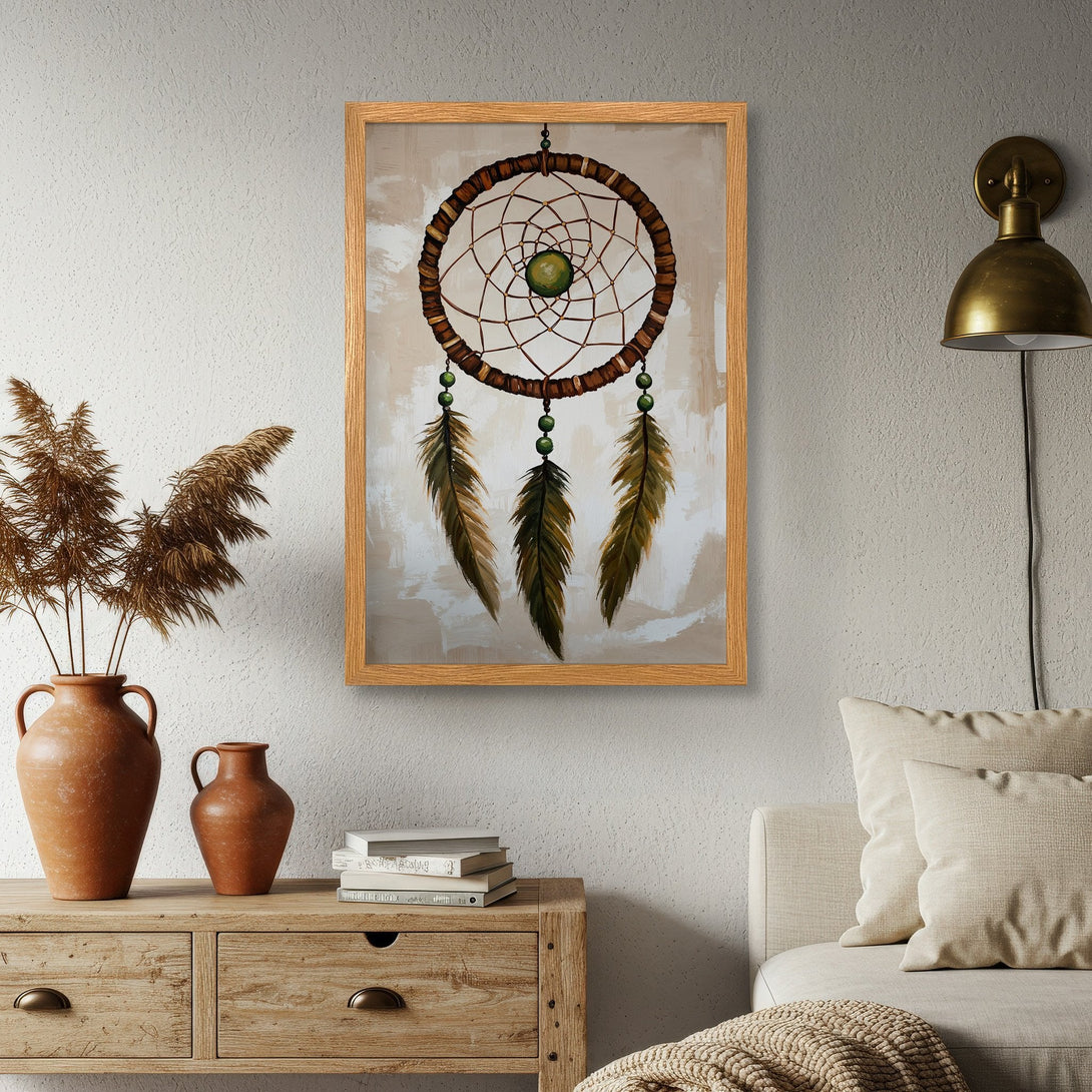 Framed Poster featuring a dreamcatcher in earthy tones. Bohemian style art with a neutral color palette, perfect for home decor and adding a touch of nature.