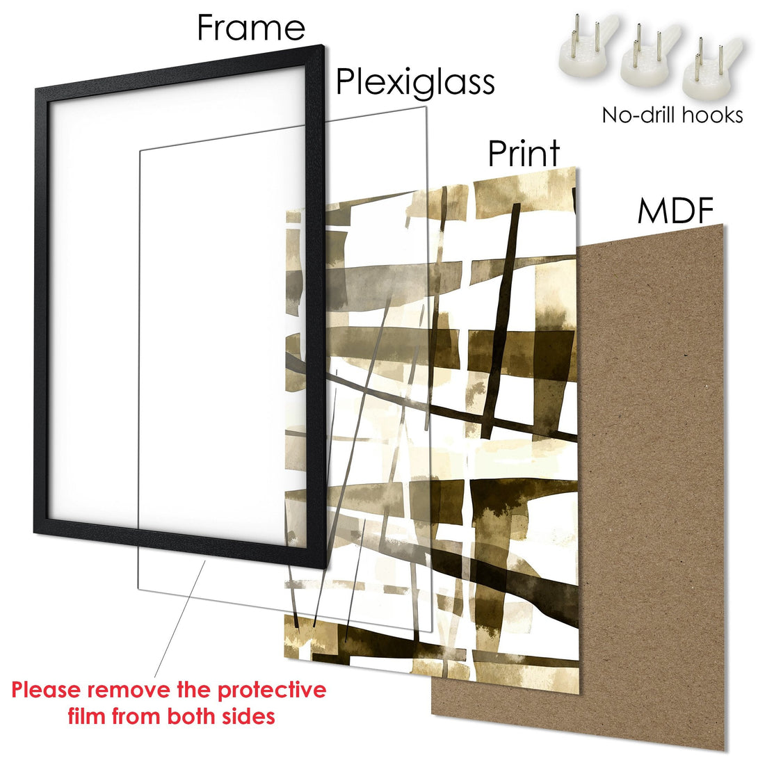 Framed Poster with abstract art in neutral tones. Modern wall decor for your home. Includes frame, plexiglass, and no-drill hooks.