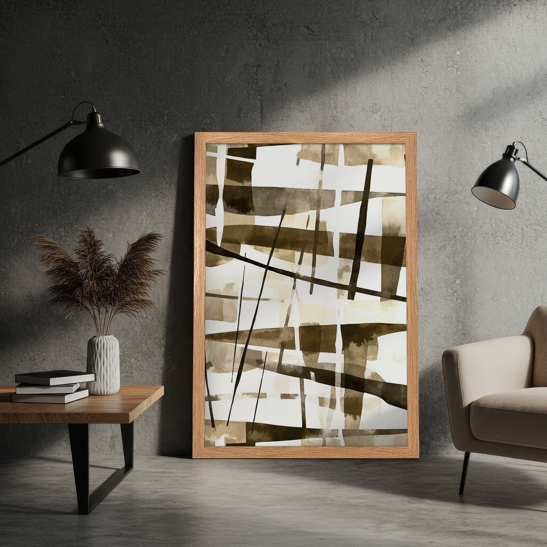 Framed Poster featuring abstract art in neutral tones. Modern art print with brown, beige, and black color palette. Perfect wall decor.