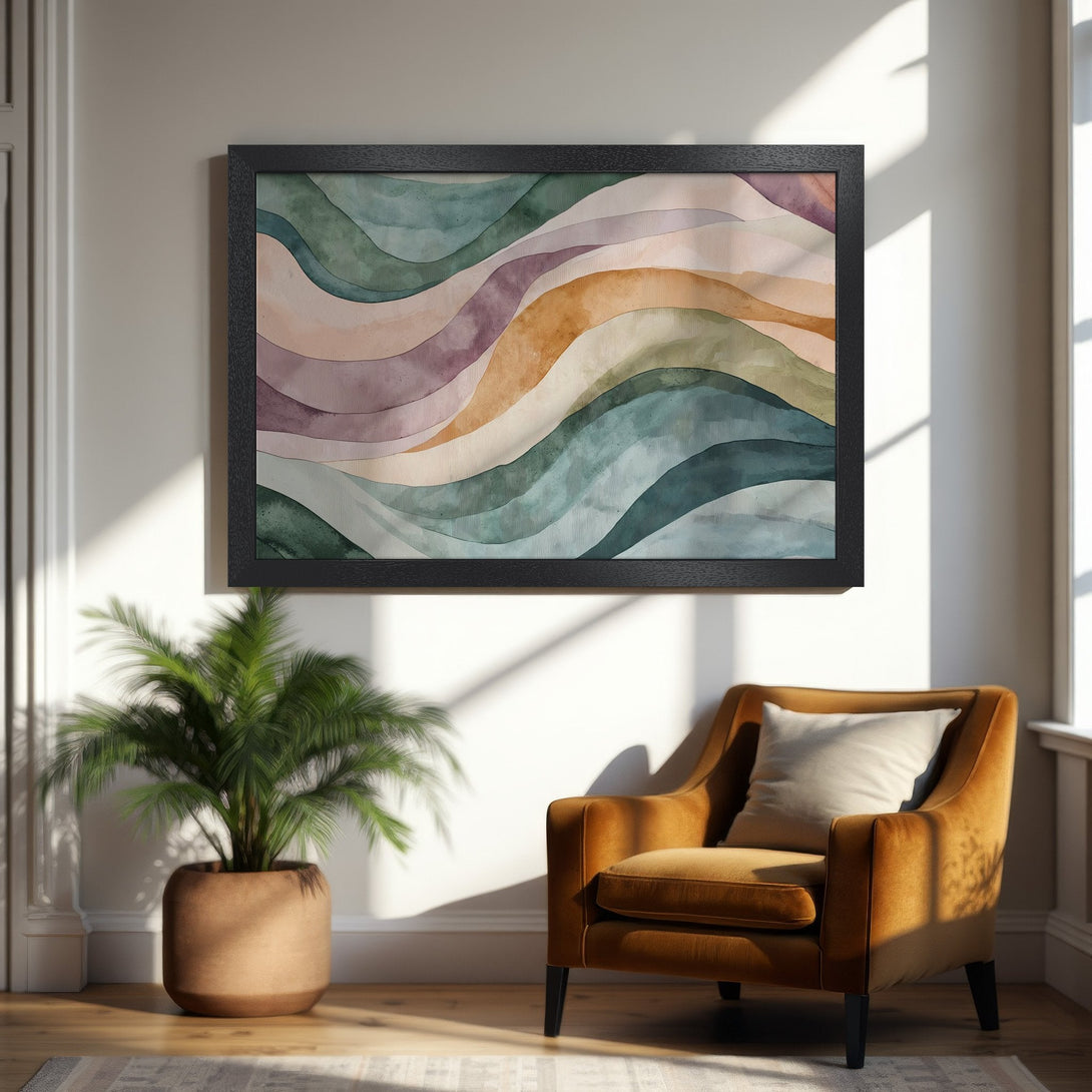 Framed Poster featuring abstract watercolor waves in muted greens, purples, and oranges. Perfect wall art for a modern home.