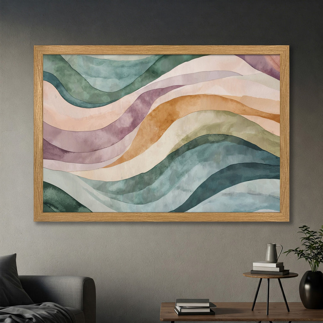 Framed Poster featuring abstract watercolor waves in a calming palette of greens, blues, and earth tones. Perfect wall art for any space.
