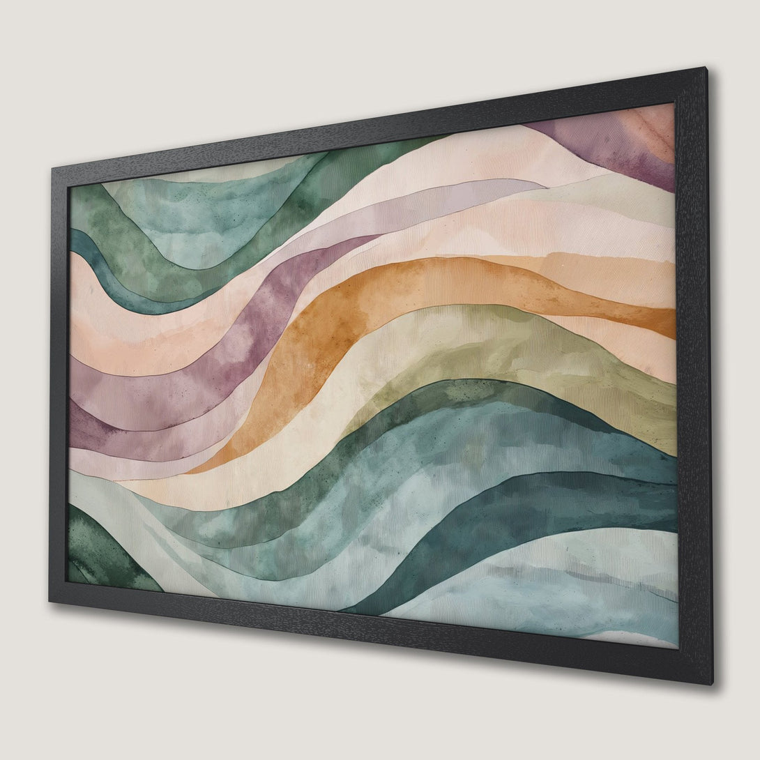 Framed Poster featuring abstract watercolor waves in calming green, purple, and neutral tones. Perfect wall art.