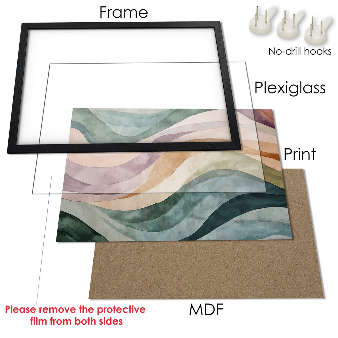 Framed Poster featuring abstract watercolor art in calming green, beige, and purple tones. Ready to hang!