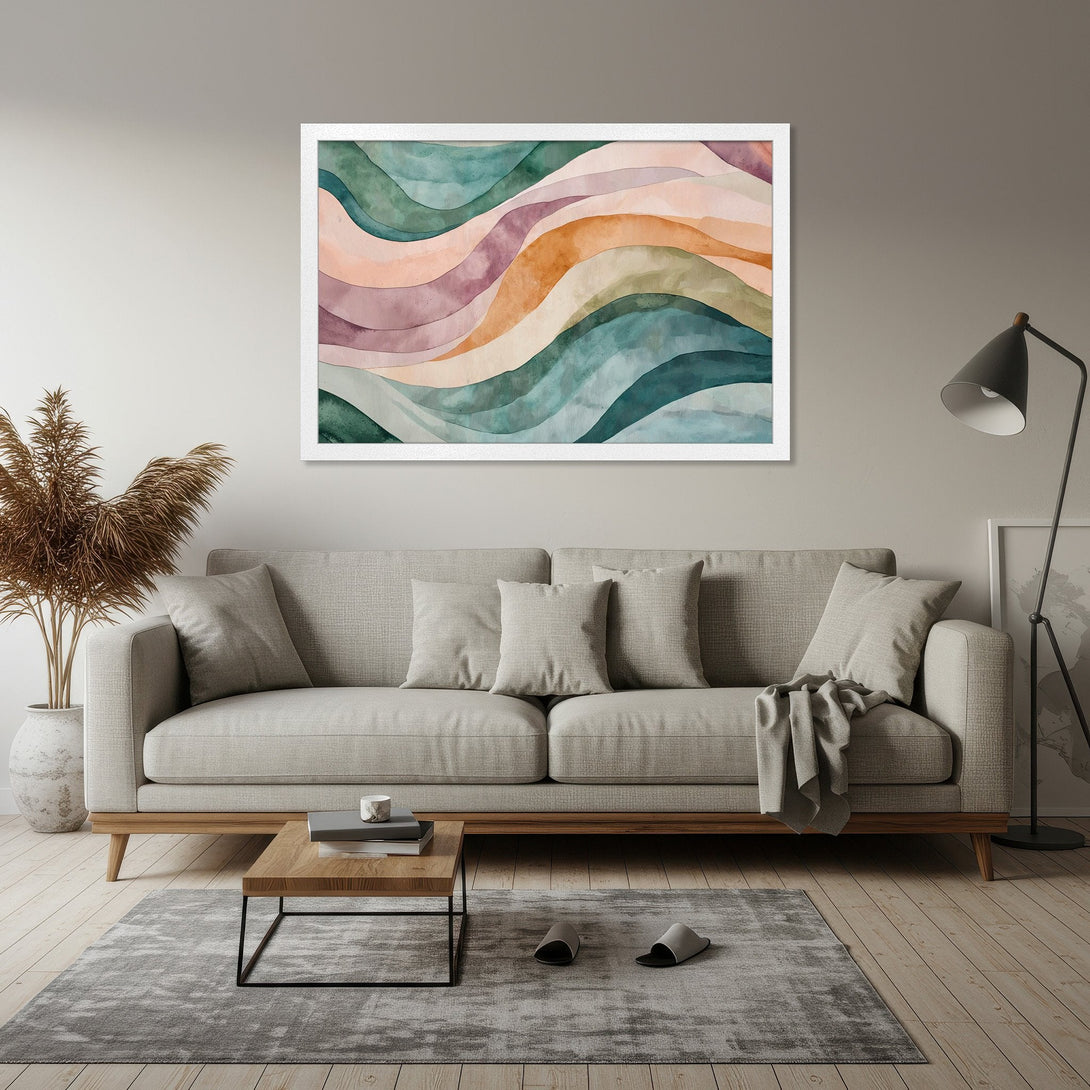 Framed Poster featuring abstract watercolor waves in a calming color palette. Perfect art for modern home decor.