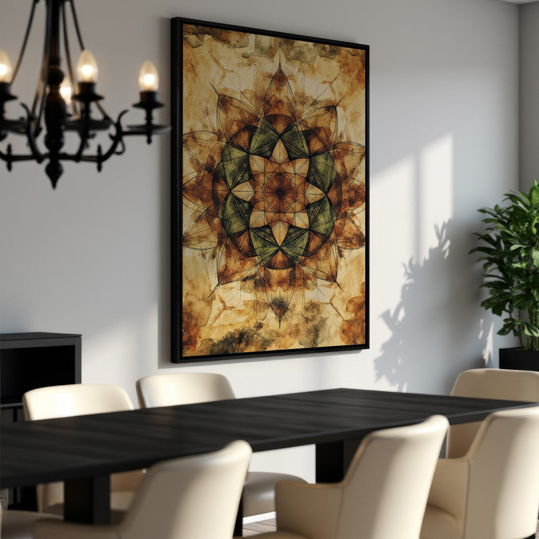 Framed Wall Art featuring a geometric mandala design in earthy tones. Enhance your dining room with this elegant canvas print.
