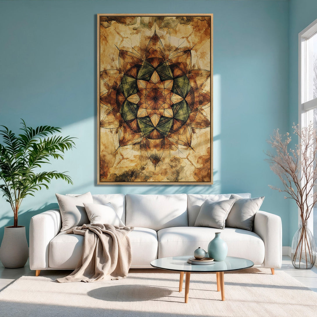 Framed Wall Art: Abstract mandala design in earthy tones. Adds a touch of zen to any space. Perfect for living rooms. Shop our Canvas Print collection!