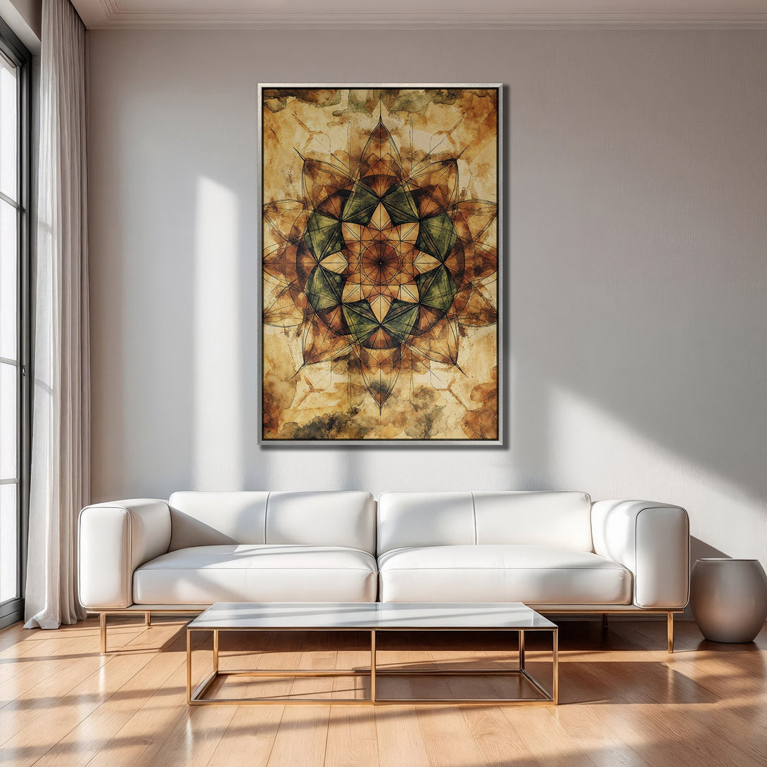 Framed Wall Art: Abstract mandala in warm earth tones. Adds a touch of zen to any space. Shop our Canvas Print collection today!