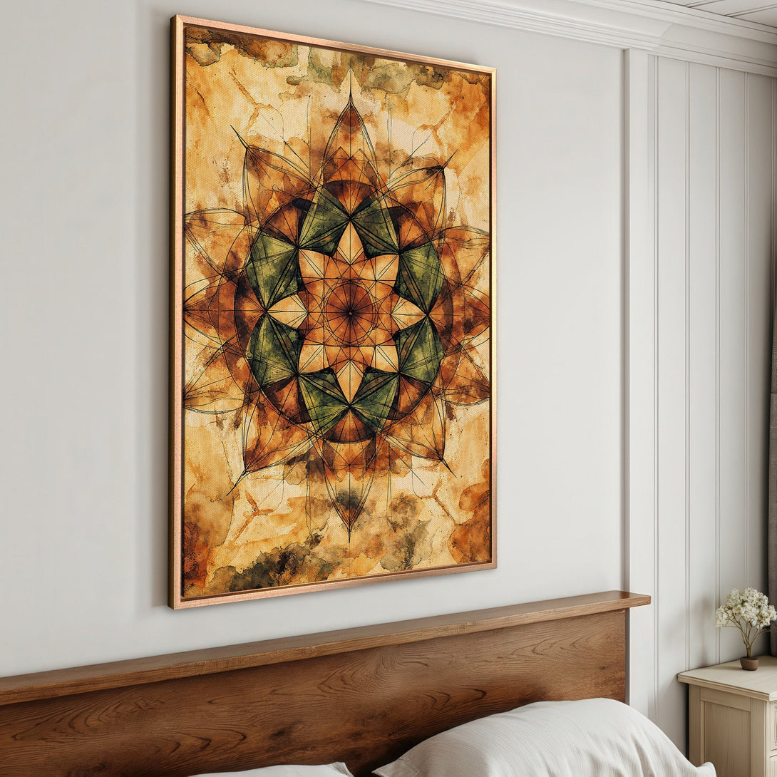 Framed Wall Art featuring a geometric mandala in warm earth tones. Adds a touch of bohemian style to any room. Perfect for living rooms and bedrooms.
