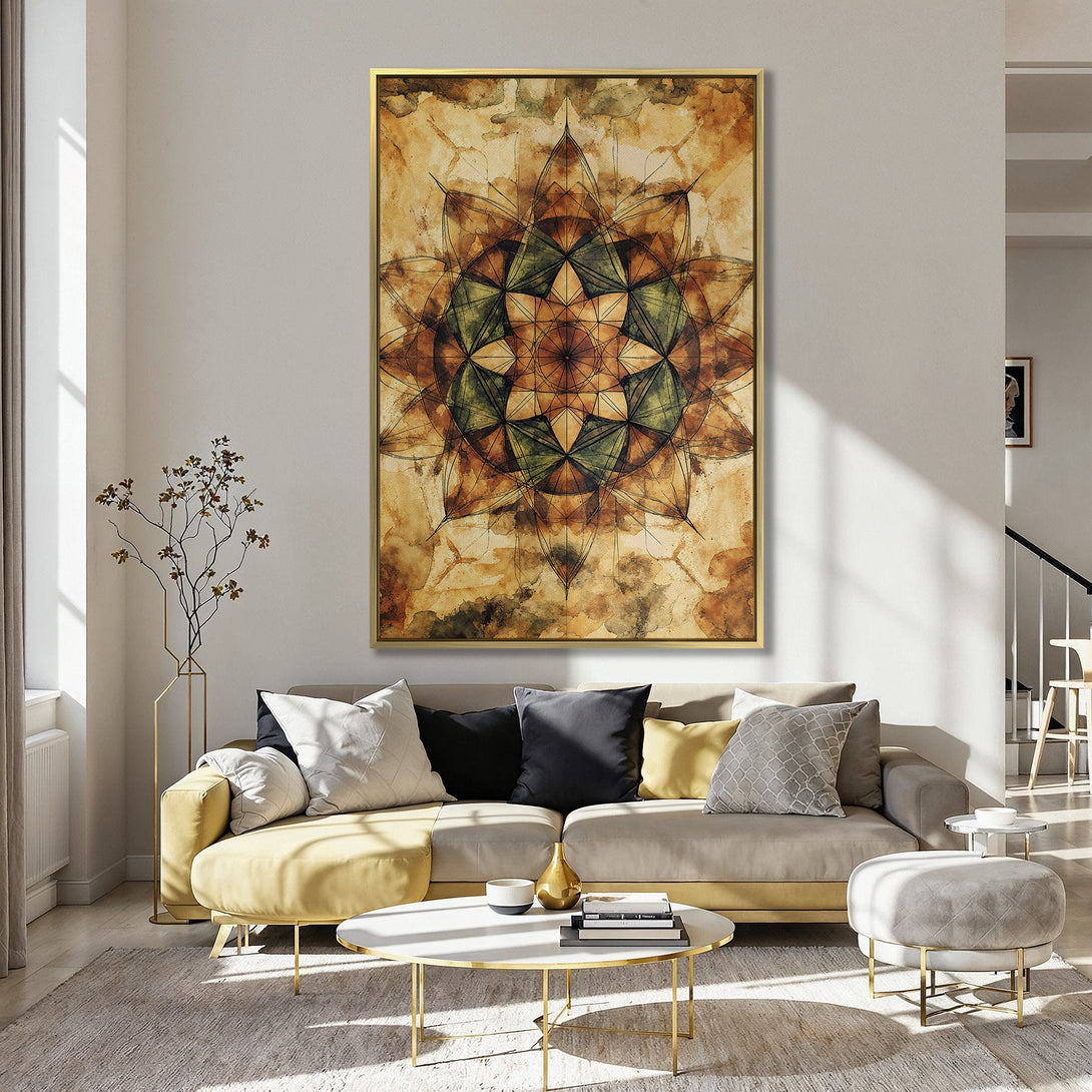 Canvas Print featuring a watercolor mandala in warm earth tones. Adds a touch of bohemian style to any room.