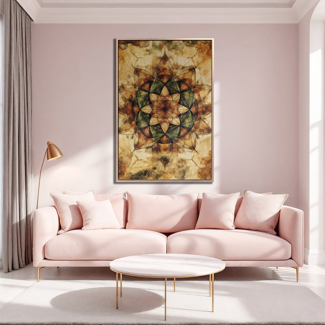 Framed Wall Art: Abstract floral design in warm earth tones. Adds a touch of bohemian style to any room. Perfect for living rooms with a blush color palette.