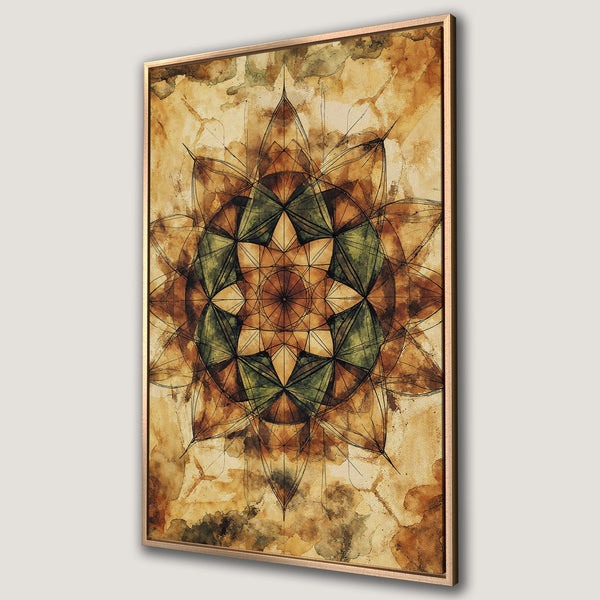Framed Wall Art featuring a watercolor mandala in earthy tones. Add a touch of bohemian style with this beautiful canvas print.