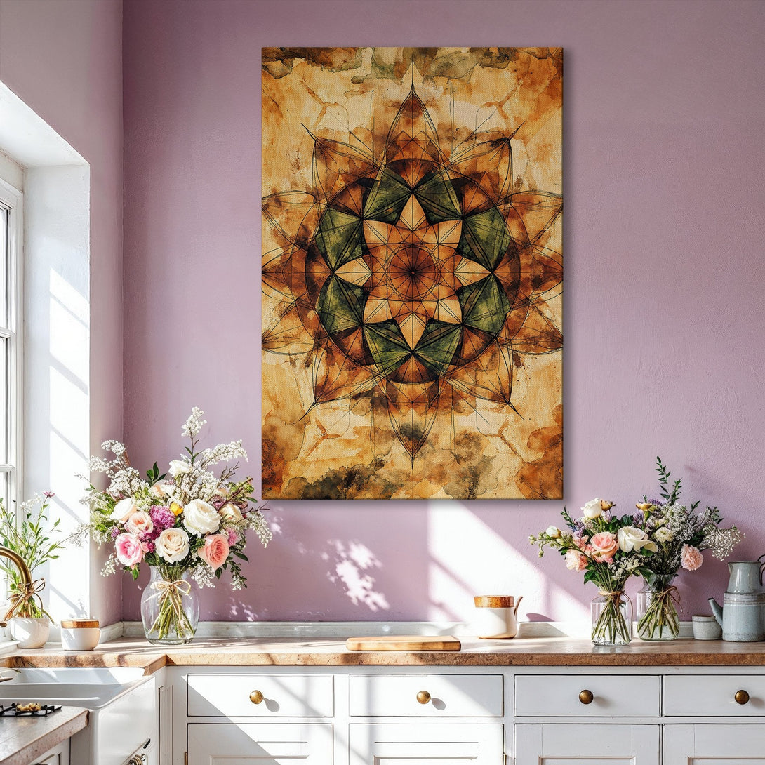 Framed Wall Art: Abstract geometric design in warm earth tones. Adds a touch of elegance to any living room. Perfect for modern home decor.