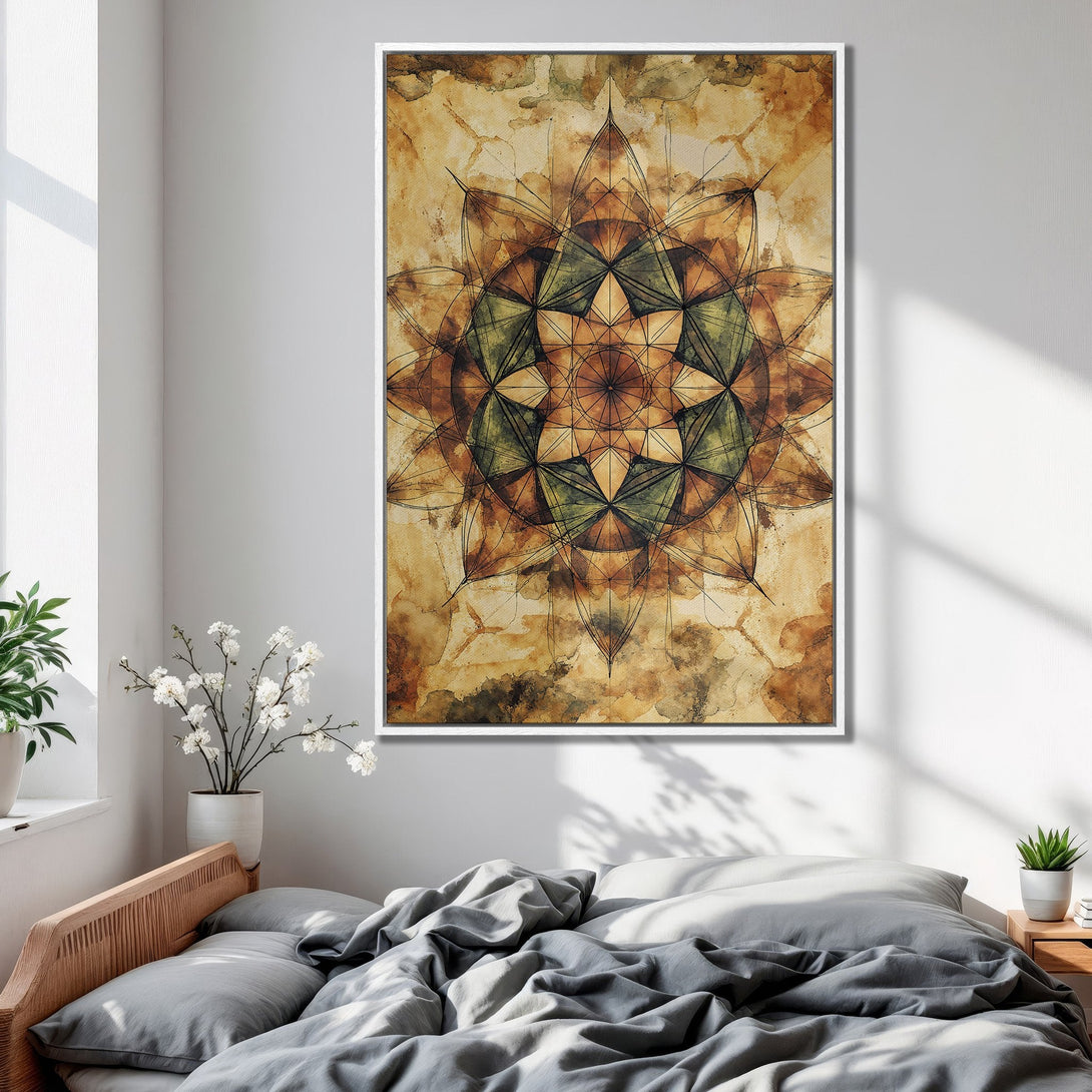 Framed Wall Art: Abstract watercolor mandala in warm earth tones. Perfect bedroom decor. Add a touch of zen to your space with this Canvas Print.