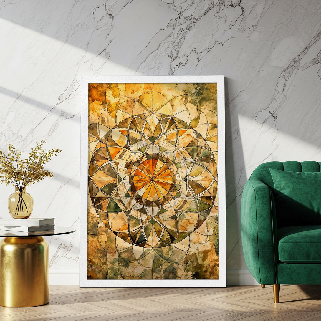 Framed Poster featuring an abstract watercolor design in warm earth tones. Enhance your home decor with this unique art piece.