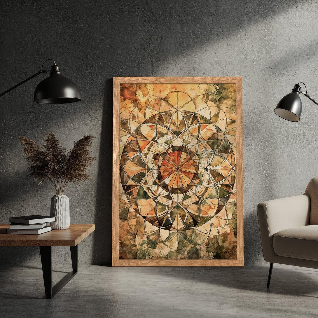 Framed Poster featuring abstract geometric art in earthy tones. Perfect wall decor for modern living.